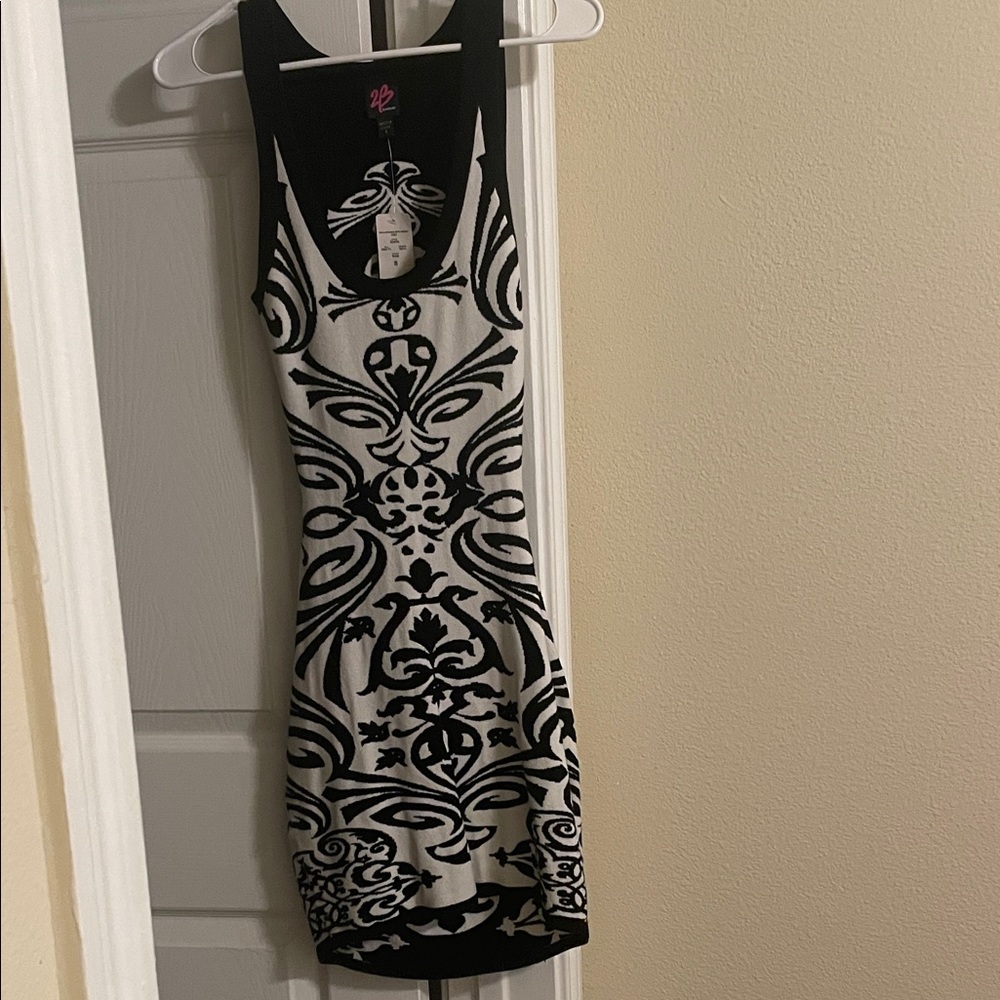 bebe Ornate Black and White Mini Dress